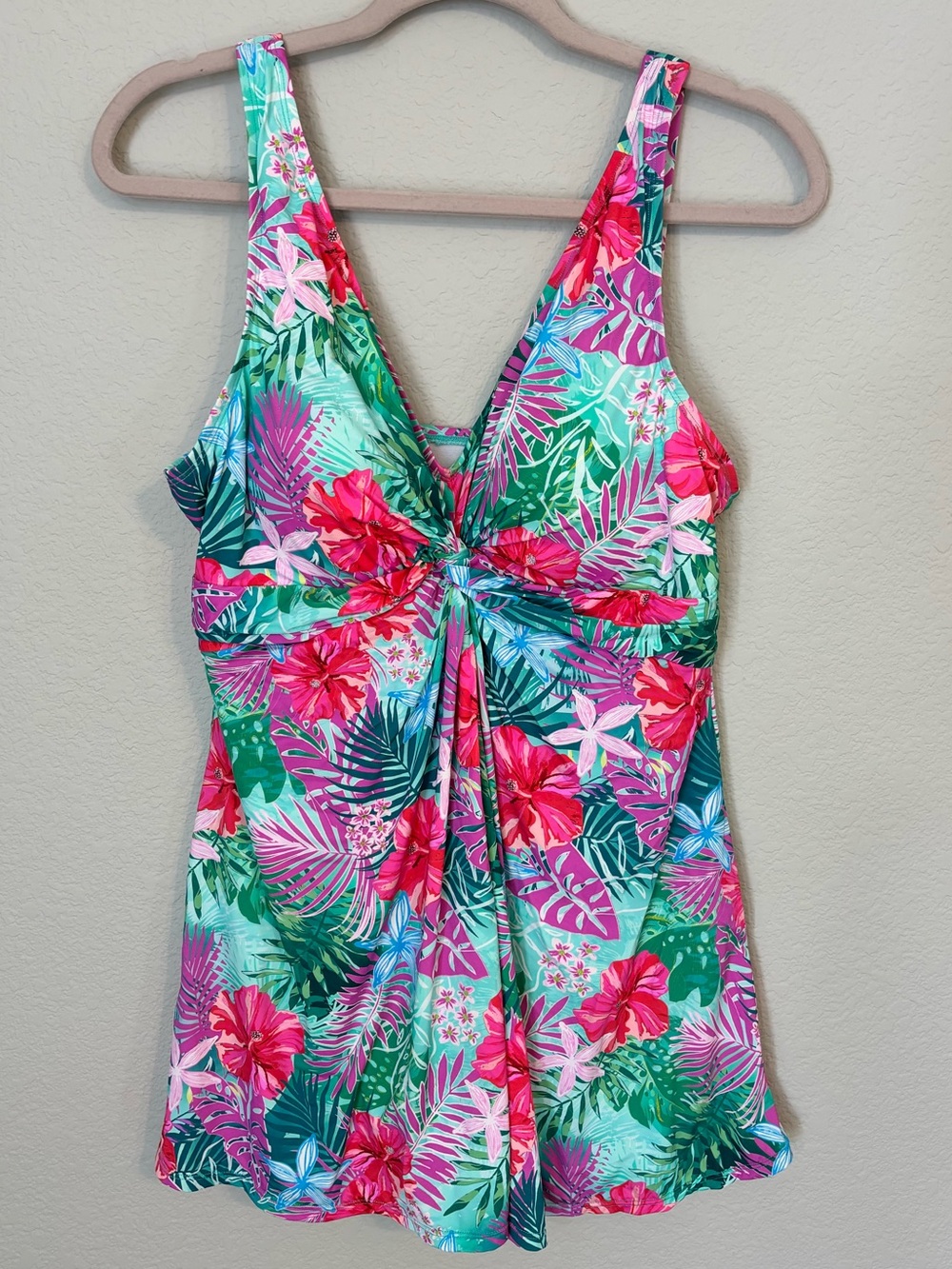 Women’s Tropical Floral One-Piece Swimdress - Pink & Green - 16